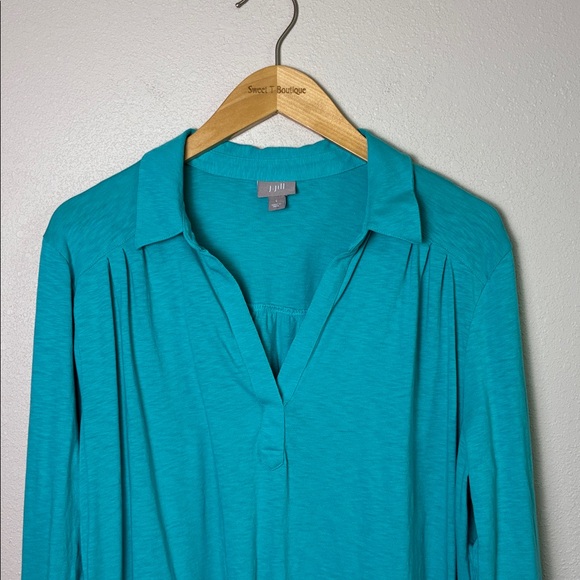 J. JILL Women Large Turquoise Cotton Roll Tab Sleeve Popover Collared Tunic Top - Picture 2 of 14